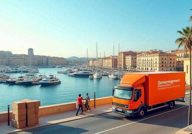 Vue panoramique sur le Vieux-Port de Marseille avec un camion Déménagement Provence stationné, équipiers en train de charger des cartons