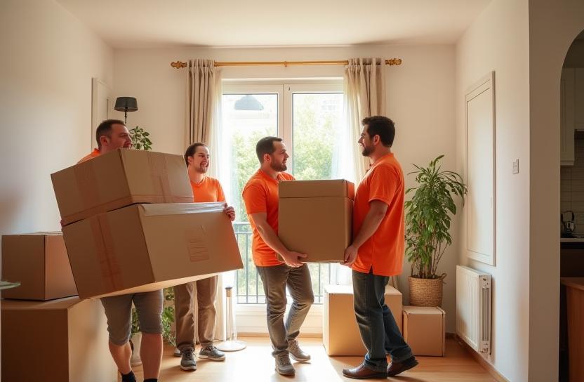 Toute l’équipe Déménagement Provence manutentionnant des cartons volumineux et des meubles à l’intérieur d’un appartement marseillais, ambiance conviviale